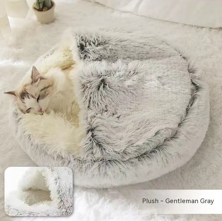 Round Plush Pet Bed – Warm Soft House for Dogs & Cats