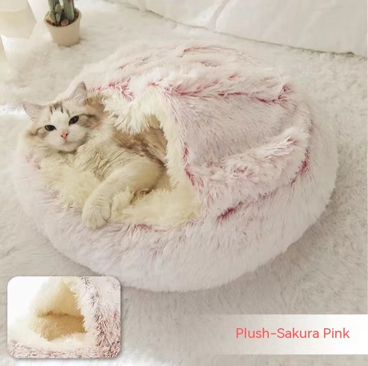 Round Plush Pet Bed – Warm Soft House for Dogs & Cats