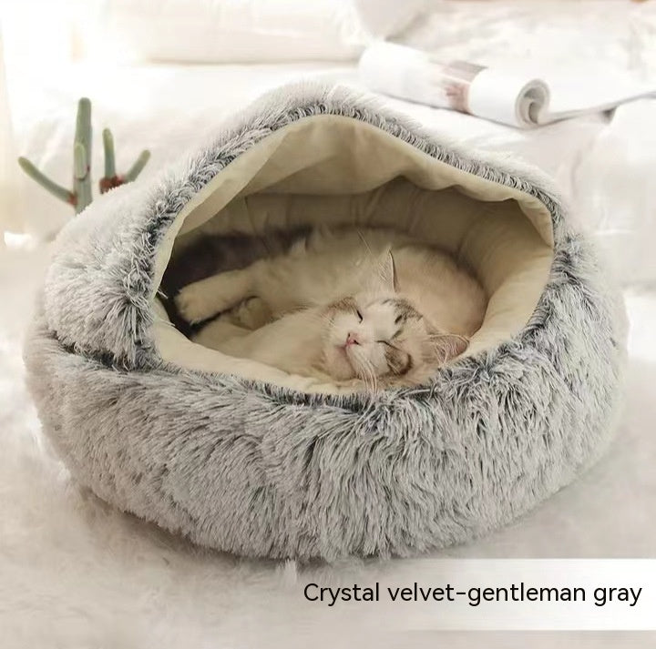 Round Plush Pet Bed – Warm Soft House for Dogs & Cats