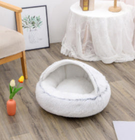Round Plush Pet Bed – Warm Soft House for Dogs & Cats
