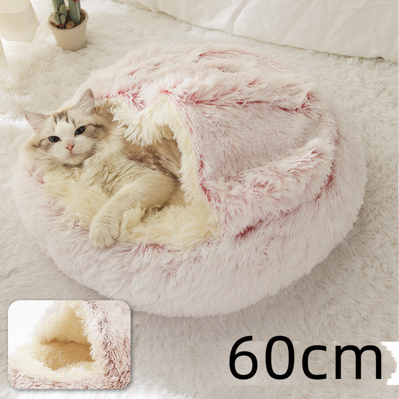 Round Plush Pet Bed – Warm Soft House for Dogs & Cats