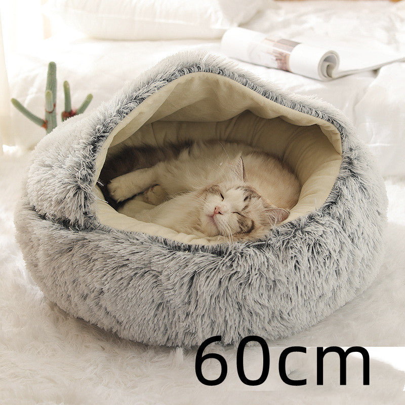 Round Plush Pet Bed – Warm Soft House for Dogs & Cats