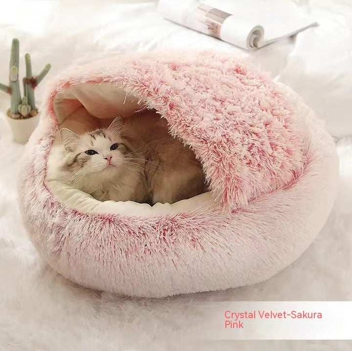 Round Plush Pet Bed – Warm Soft House for Dogs & Cats