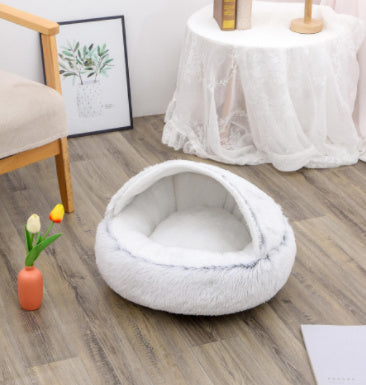 Round Plush Pet Bed – Warm Soft House for Dogs & Cats