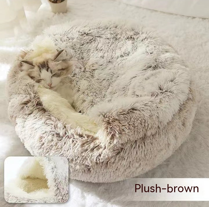 Round Plush Pet Bed – Warm Soft House for Dogs & Cats